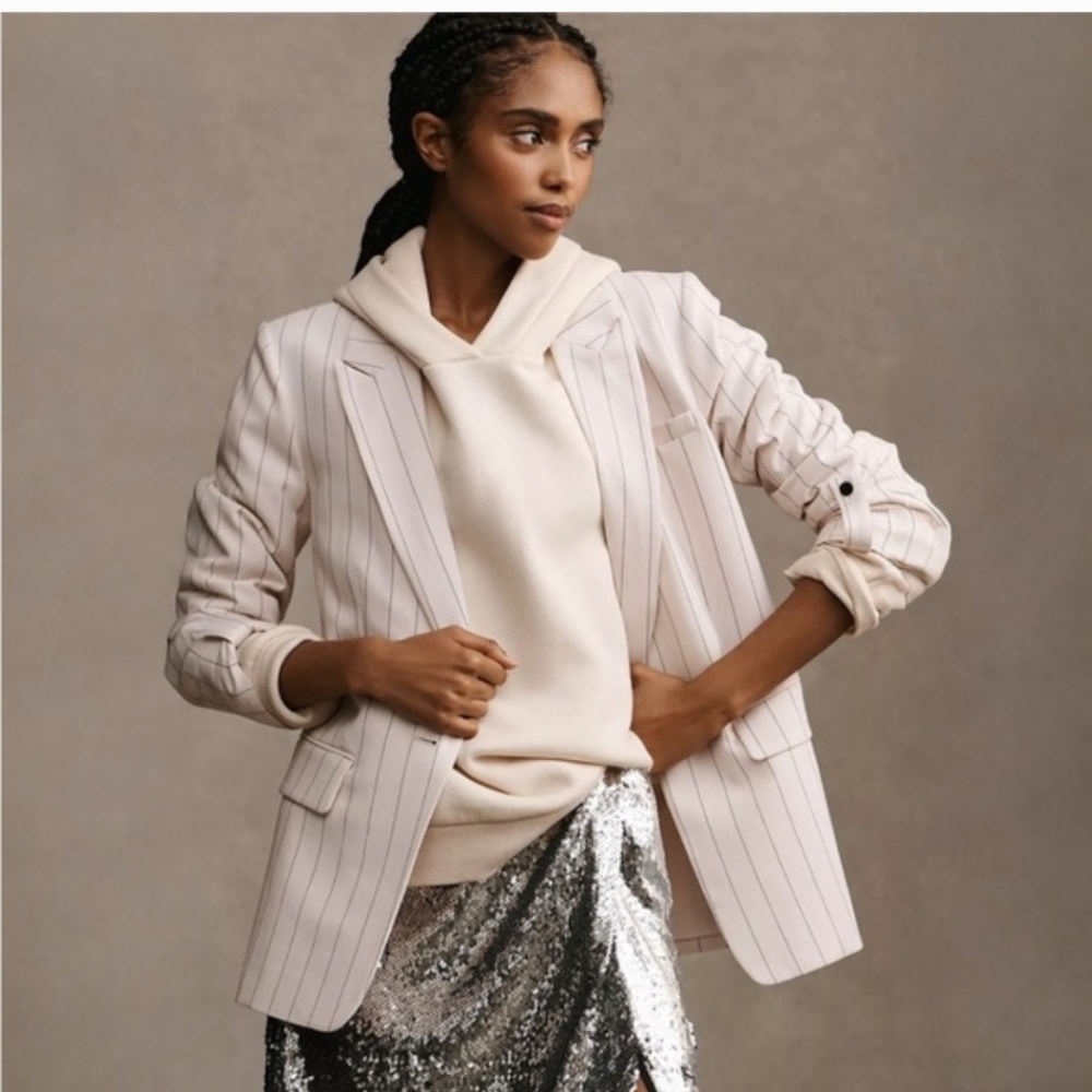 Maeve Anthropologie Ivory Pinstripe Relaxed Blazer Roll Tab Sleeves Size 16